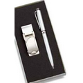Silver 2-Tone Money Clip with Matching Ball Point Pen in 2-Piece Gift Box